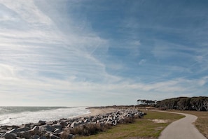 Walk along the beach to the ocean's edge, where a grassy area with trees meets the shore.