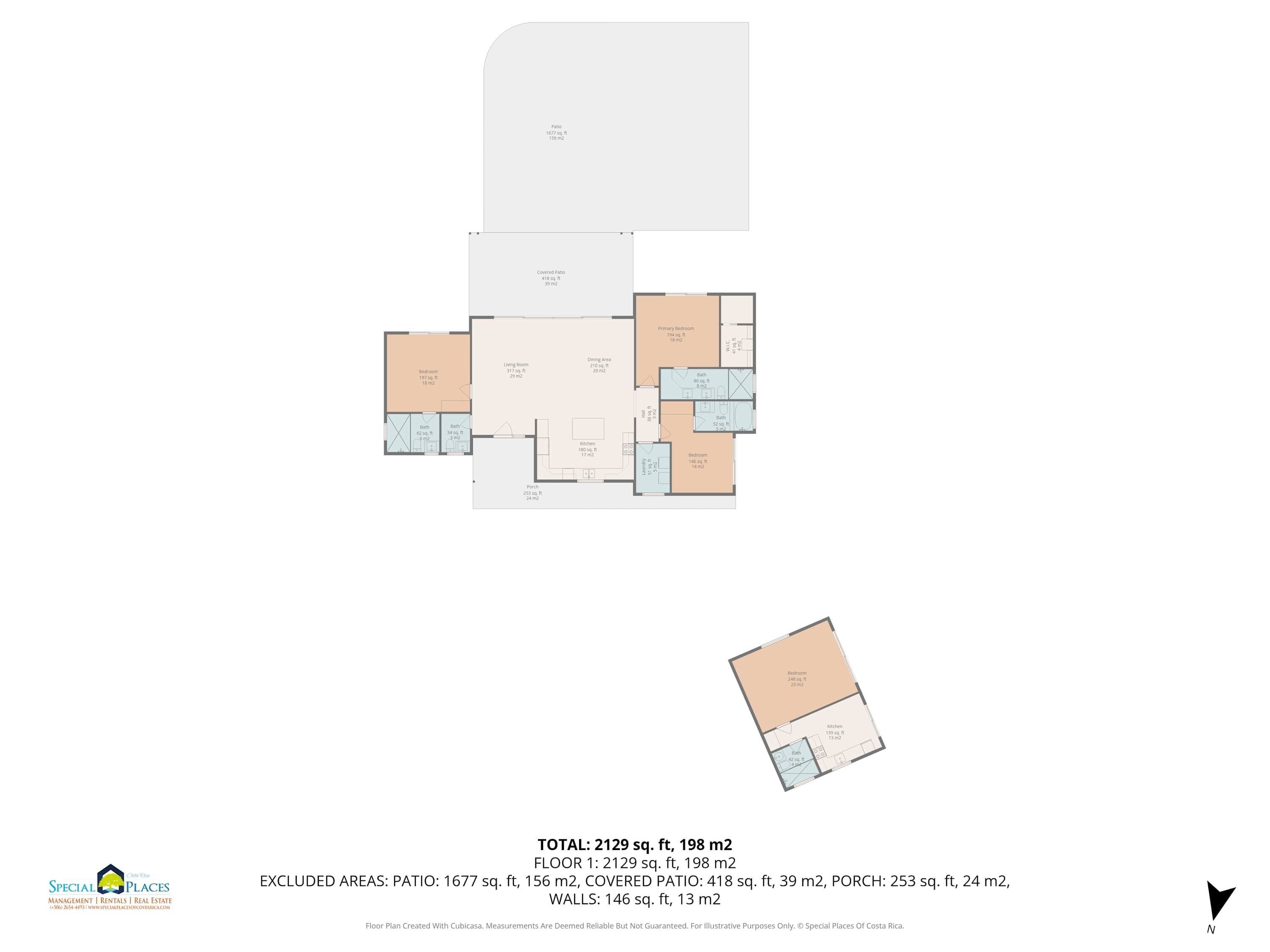A floor plan of a residential property with a total area of 2129 sq. ft., including a covered patio and a porch.