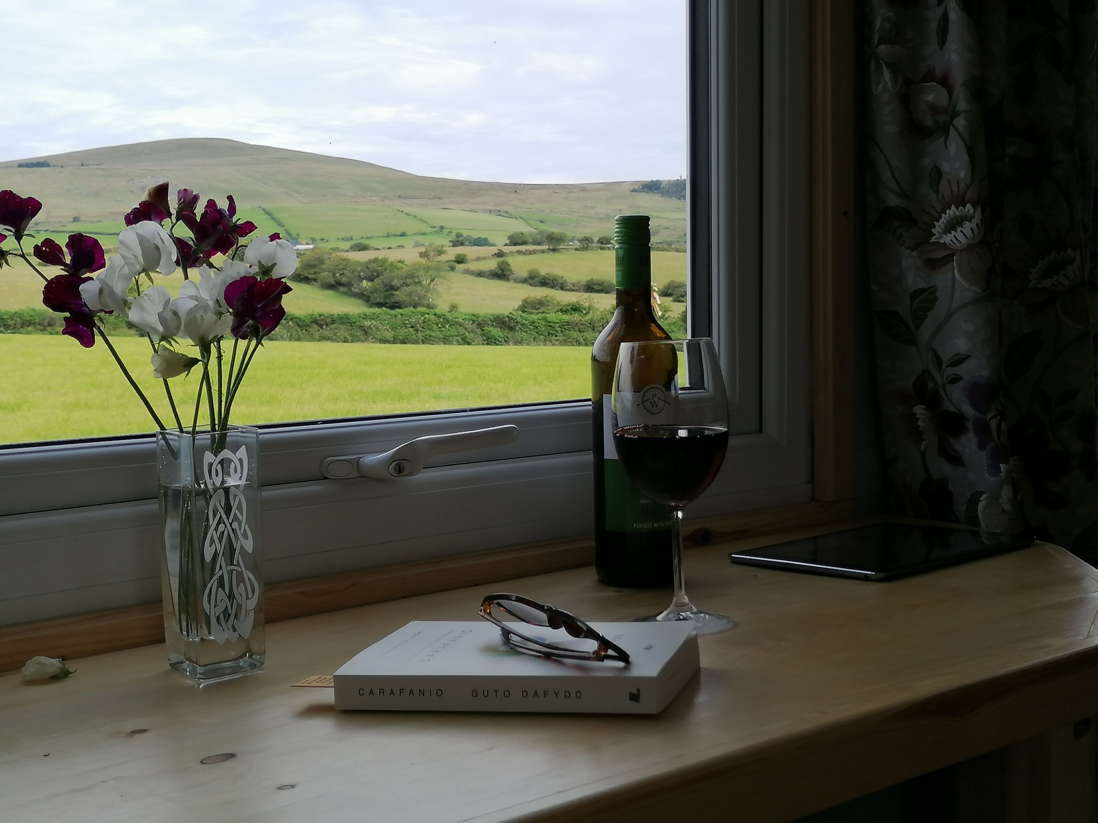 A window view of a green landscape, a bottle of wine, a wine glass, a book, and a pair of glasses on a wooden surface.