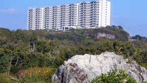 A multi-story building with a uniform facade, situated on a hillside with a rocky outcrop and a variety of vegetation in the foreground. - Sugar In The Sky - Quiet End Unit w/ Air Conditioning & Work Space (Sugar Mountain)