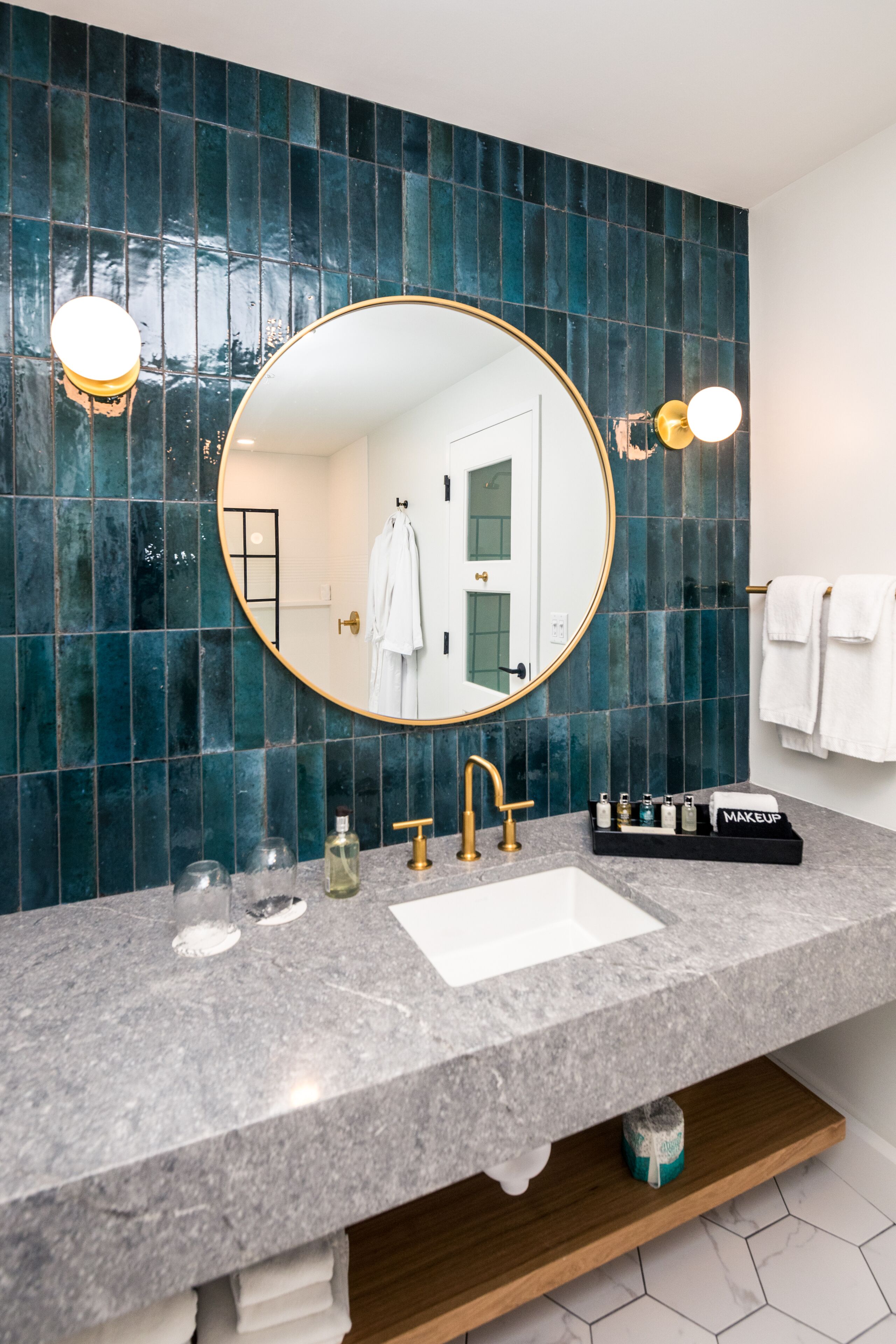 designer toiletries, hair dryer, dressing gowns, towels