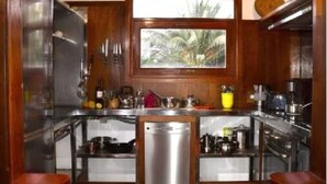 A kitchen with wooden cabinets, stainless steel appliances, and a window with a view of palm trees.