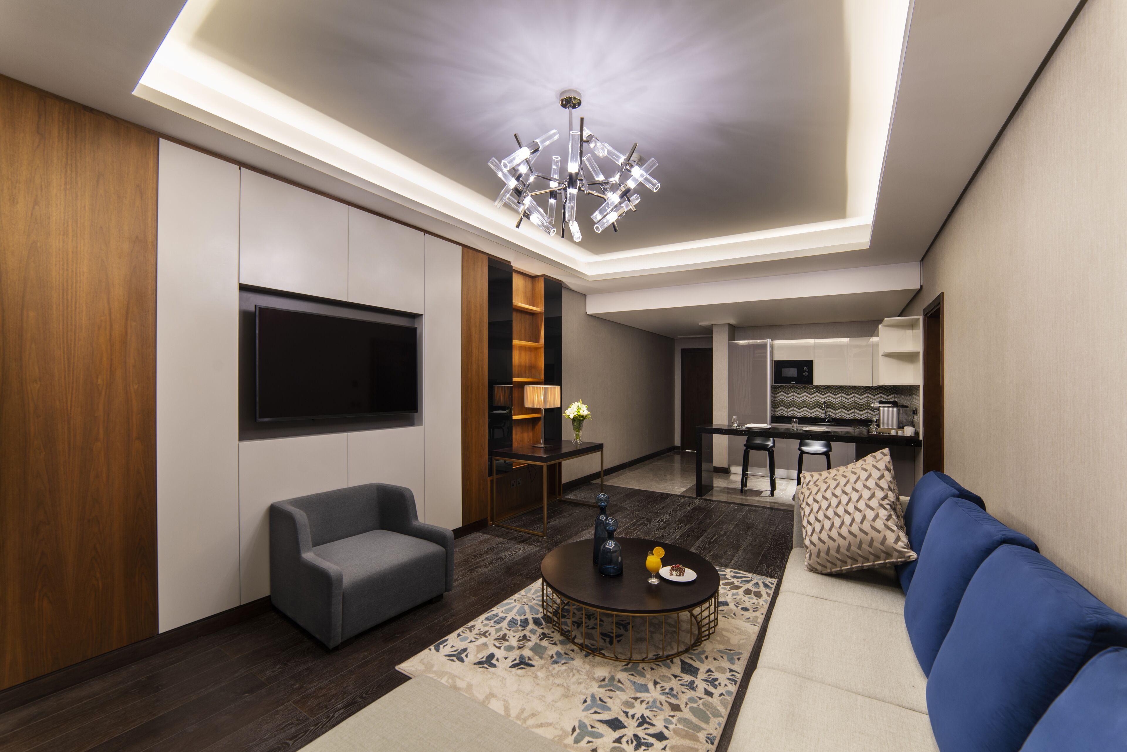 A modern living room with a sofa, a coffee table, and a TV.