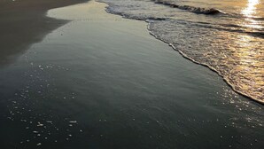 Ein Strand mit blauem Himmel und untergehender Sonne am Horizont.