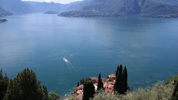 A lake with a small town and mountains in the background.
