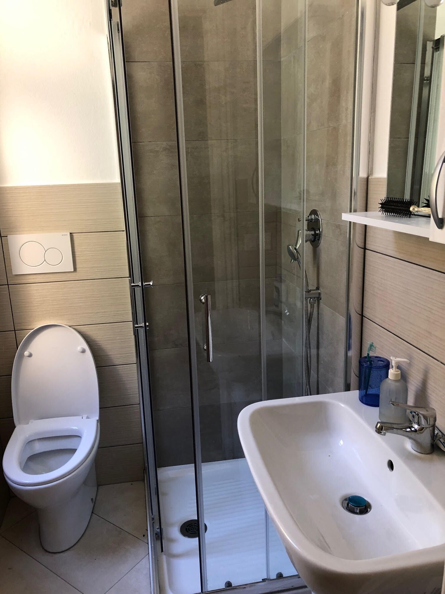A bathroom with a toilet, a glass-enclosed shower, and a sink with a mirror above it.