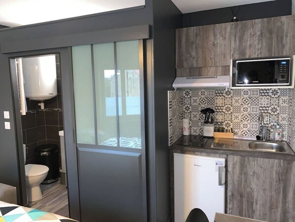 Compact kitchenette with microwave and adjacent toilet area, perfect for practical travelers.