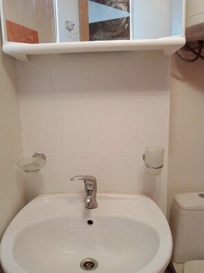 Douche, séchoir à cheveux, serviettes fournies, savon