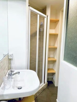 Shower, hair dryer, bidet, towels