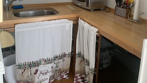 Una cucina compatta con lavandino, tostapane e scolapiatti.