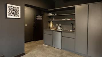 Mini-fridge, microwave, electric kettle, toaster