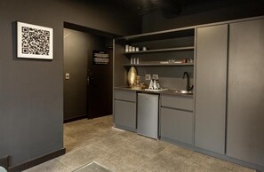 Mini-fridge, microwave, electric kettle, toaster