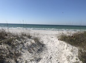 On the beach, sun-loungers, beach towels
