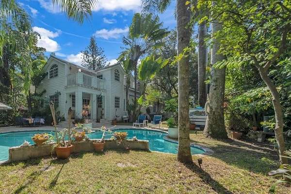 View of home from backyard pool area filled with palm trees
