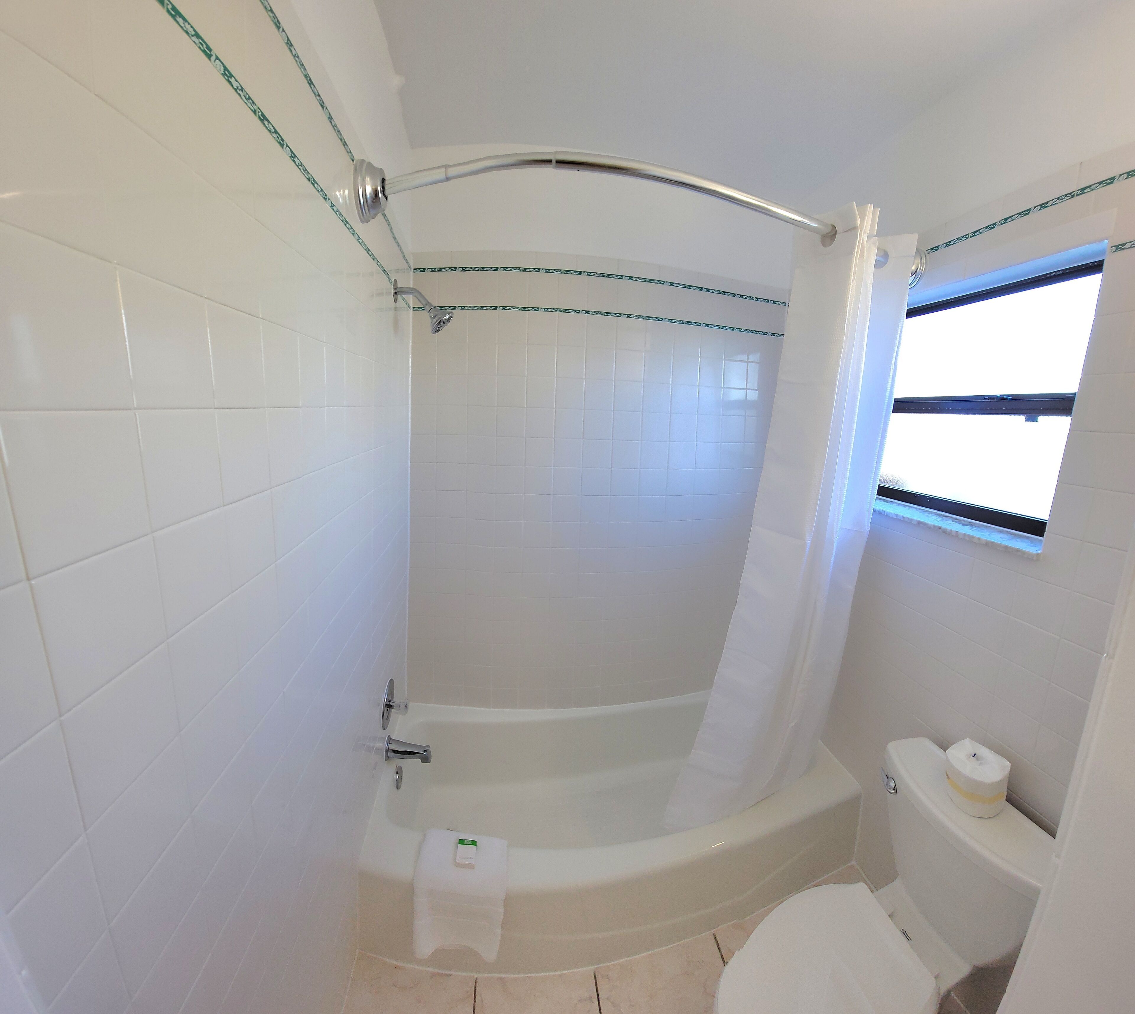 Un baño moderno con una bañera independiente, inodoro y cortina de ducha.