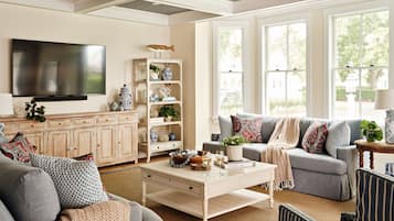 Smart-TV, Kamin, Videospiele, Bücher
