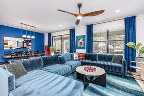 Smart TV, fireplace, video games, DVD player