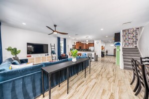 Smart TV, fireplace, video games, DVD player