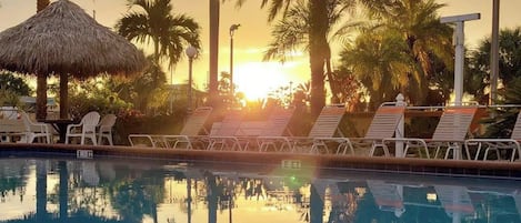 Vista della piscina con sedie a sdraio, palme e un tramonto.