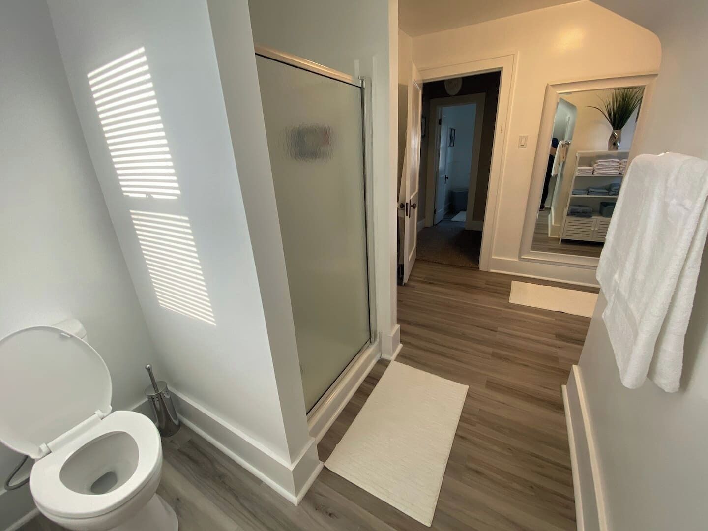 A modern bathroom with a toilet, shower, and a walk-in shower area.