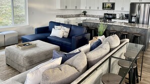 Une cuisine moderne avec des meubles blancs, un réfrigérateur en acier inoxydable et un plan de travail en granit. On y trouve un canapé bleu avec un coussin blanc et un divan gris avec des coussins à motifs.