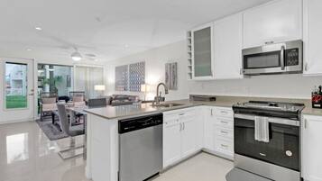 Fridge, microwave, coffee/tea maker, cookware/dishes/utensils