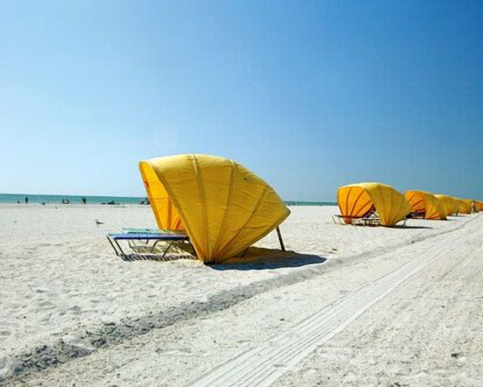 Uma praia com fileiras de guarda-sóis amarelos e cadeiras de praia.