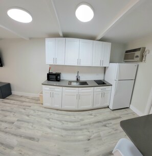 Réfrigérateur, micro-ondes, plaque de cuisson, cafetière/bouilloire