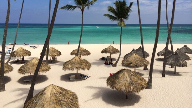 Ein Strand mit reetgedeckten Sonnenschirmen und Palmen, ein sandiger Uferstreifen und ein klares, blaues Meer.