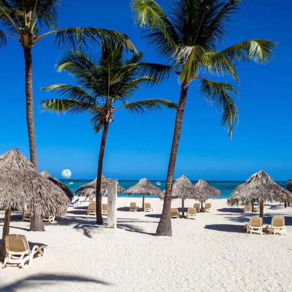 Une plage bordée de palmiers, dotée de parasols en chaume et de chaises longues.
