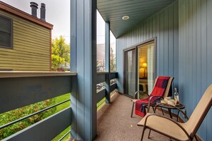 Private Deck access from Master Bedroom with seating for two - Heart of Park City + Hot Tub/Sauna: Park City Lift Line 207! (Park City)