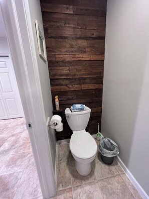 Chuveiro, secador de cabelo, toalhas de banho, papel higiênico