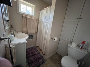 A bathroom with a sink, toilet, and shower curtain.