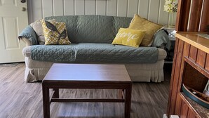 A room with a wooden floor, a green sofa with patterned cushions, a wooden coffee table, and a window with a view of trees.