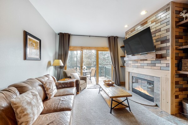 TV, fireplace, books