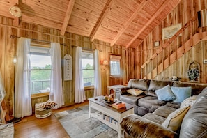 TV, fireplace, books