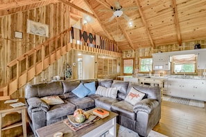 TV, fireplace, books