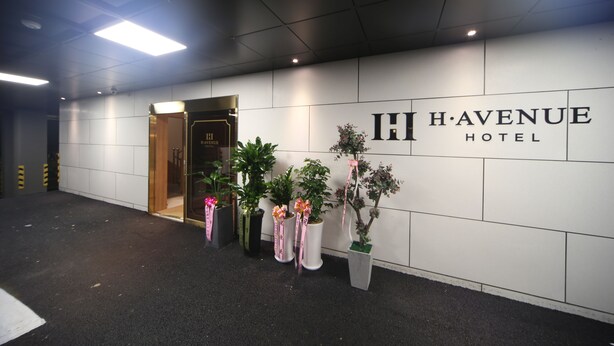 The H·AVENUE HOTEL entrance with a modern design, featuring a clean, white wall with the hotel name and a wooden door. - H Avenue Hotel (Busan)