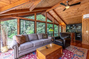 TV, fireplace, table football, books