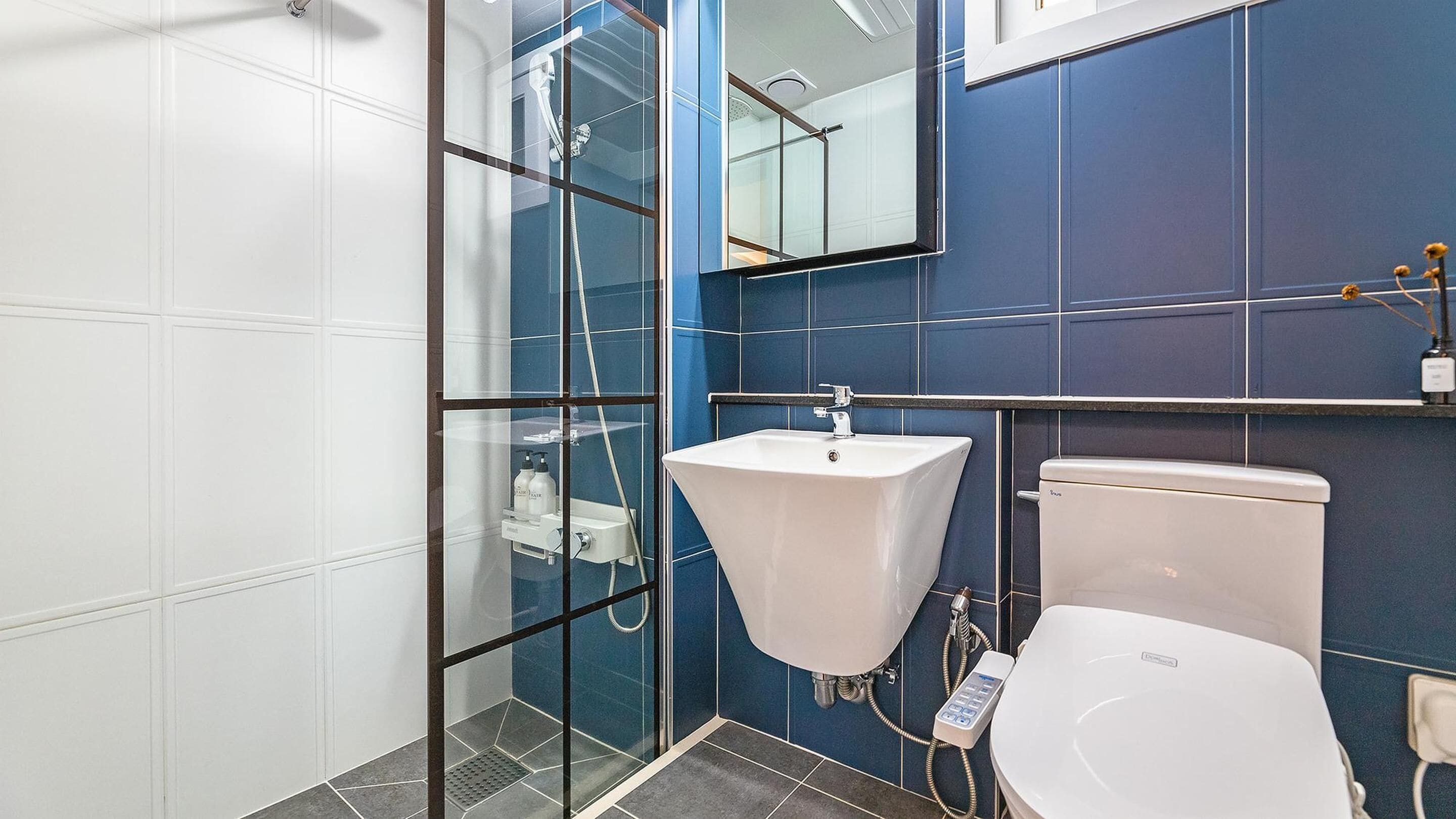 Un bany amb plat de dutxa de vidre, un lavabo blanc i un vàter.