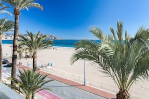 Een strand met palmbomen, een helderblauwe lucht en een weg met een voetgangersoversteek.