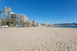 A wide sandy beach with palm trees and a city skyline in the background.