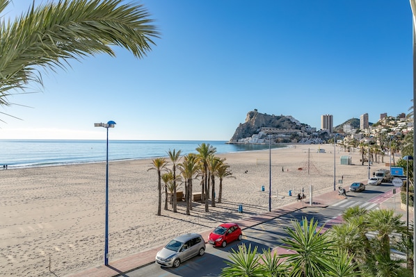 A beachside view with a parking area, palm trees, and a distant mountain.
