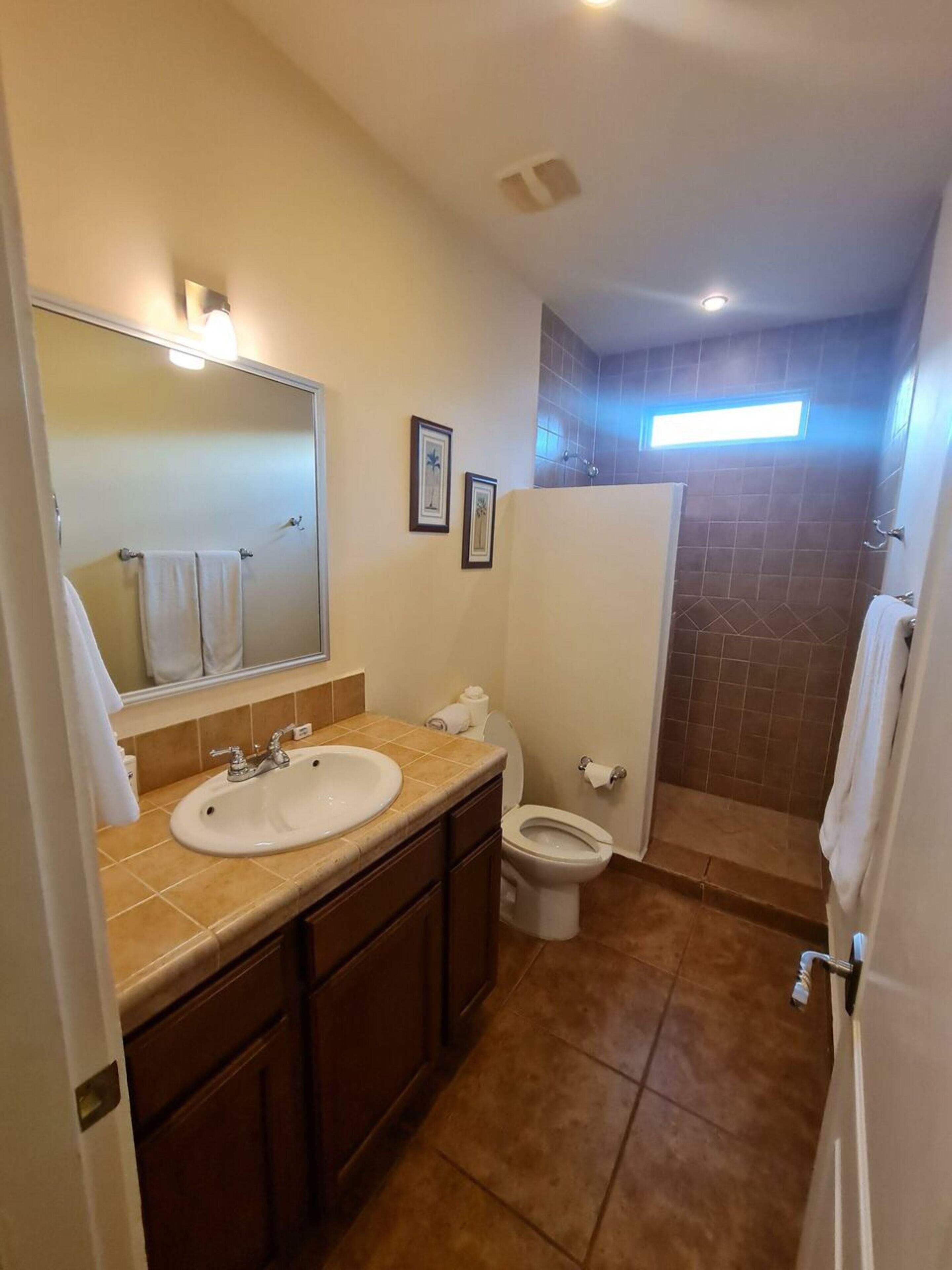 A bathroom with a sink, toilet, and shower.