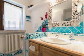 Shower, hair dryer, bidet, towels
