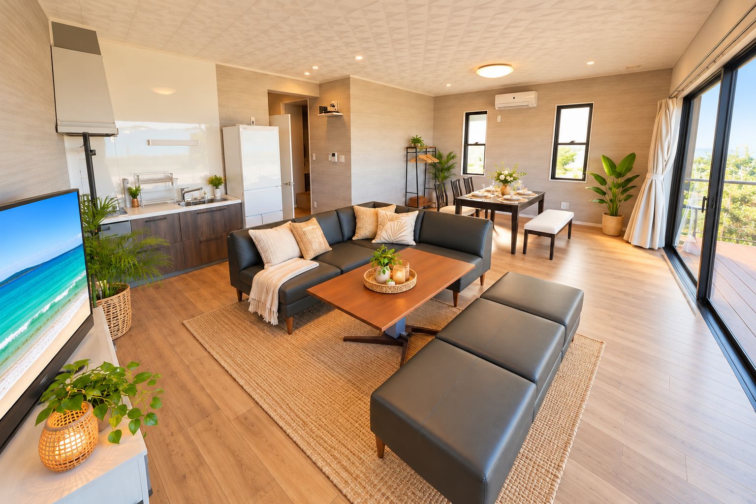 Una sala de estar moderna con sofá, mesa de centro y televisor. Cuenta con una cocina con refrigerador y una mesa de comedor con sillas. La habitación tiene ventanas amplias y vistas al exterior.