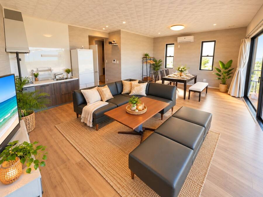 Una sala de estar moderna con sofá, mesa de centro y televisor. Cuenta con una cocina con refrigerador y una mesa de comedor con sillas. La habitación tiene ventanas amplias y vistas al exterior.