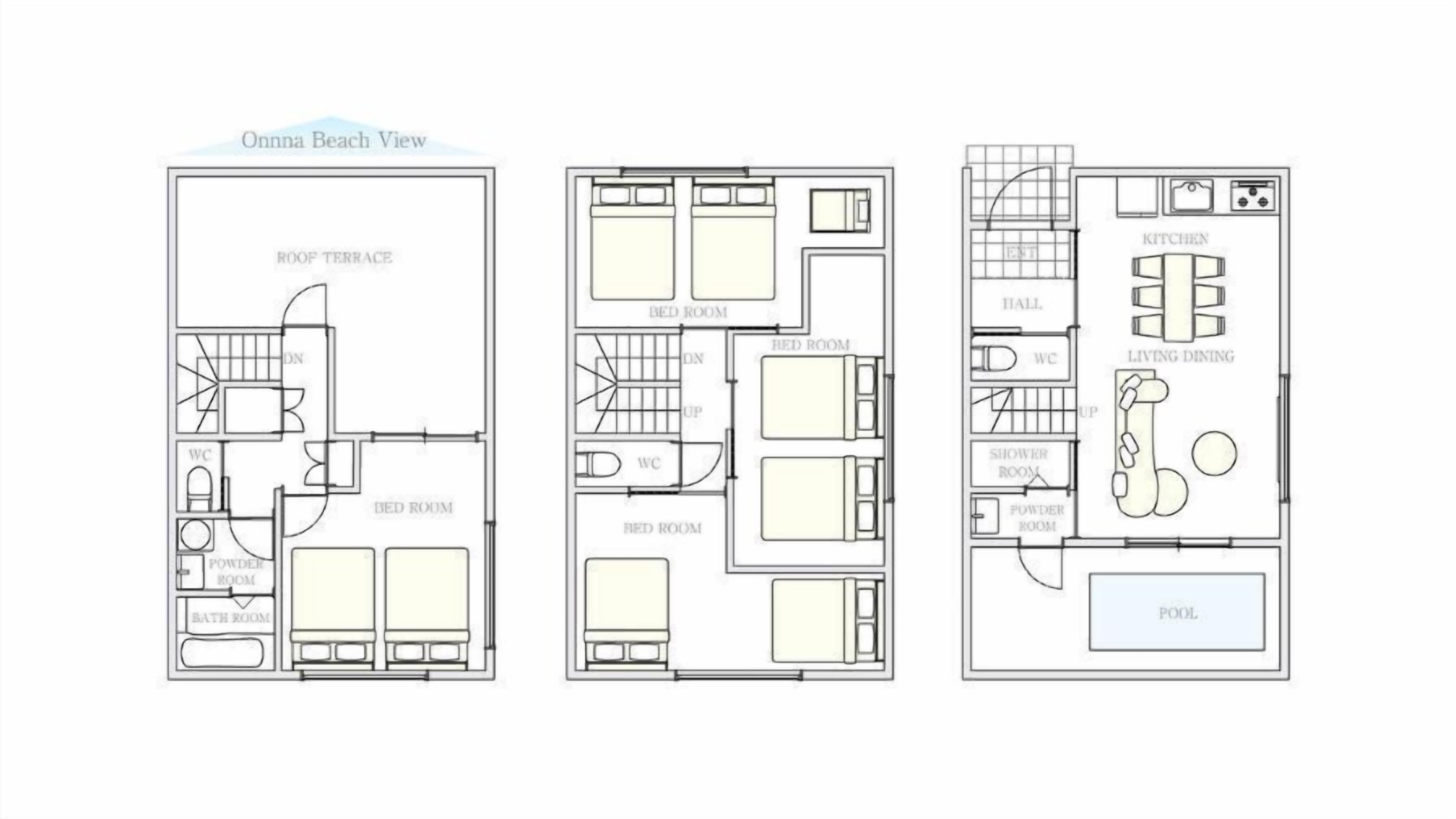 Plano de planta de un hotel con terraza en la azotea, varias habitaciones, cocina, comedor, cuarto de ducha, aseo y piscina.