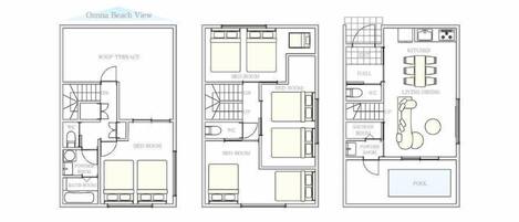 Plano de planta de un hotel con terraza en la azotea, varias habitaciones, cocina, comedor, cuarto de ducha, aseo y piscina.