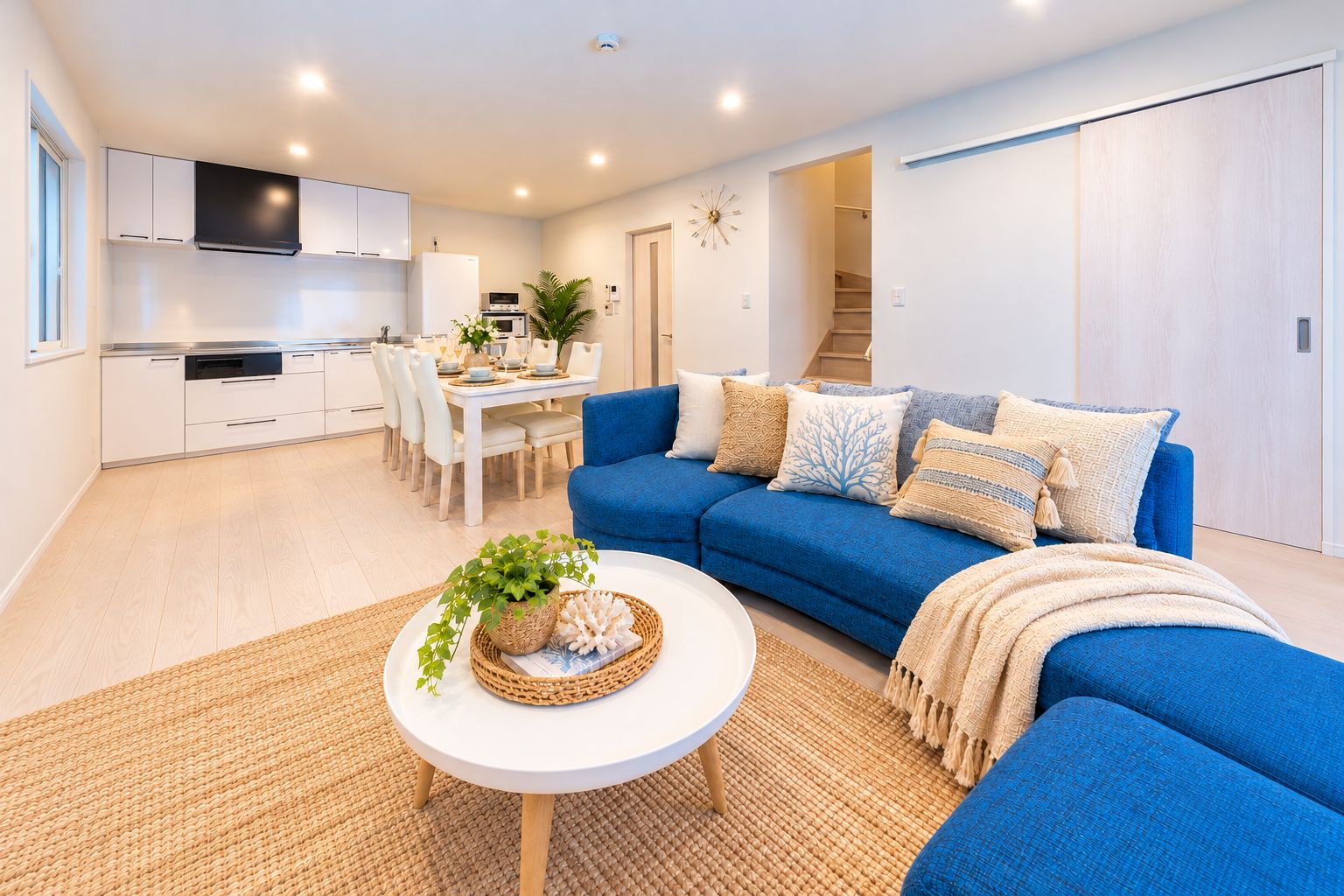 A modern living room with a blue sofa, a dining area with a table and chairs, and a kitchen with white cabinets and a flat-screen TV.